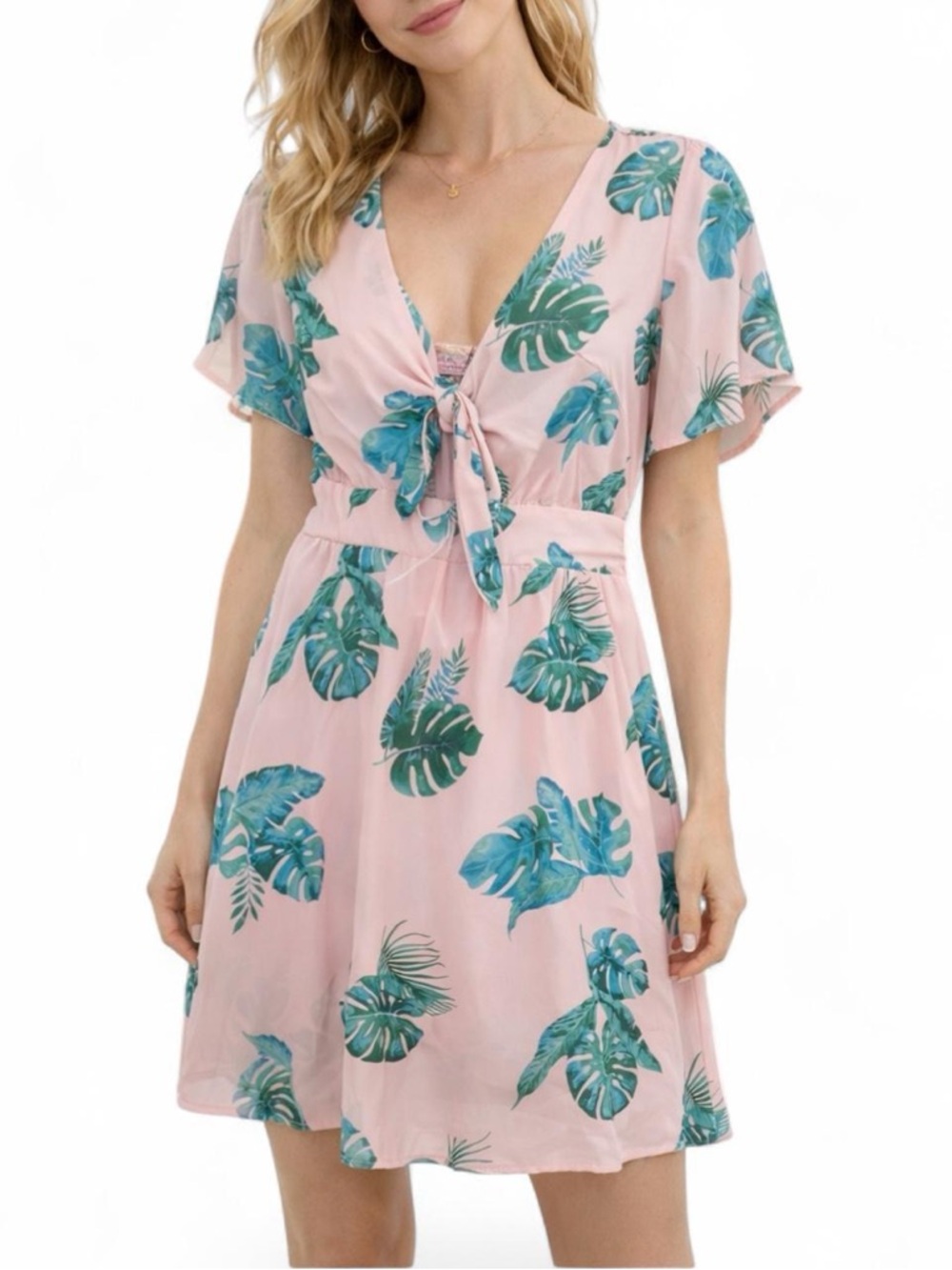 Pink lily palm print dress